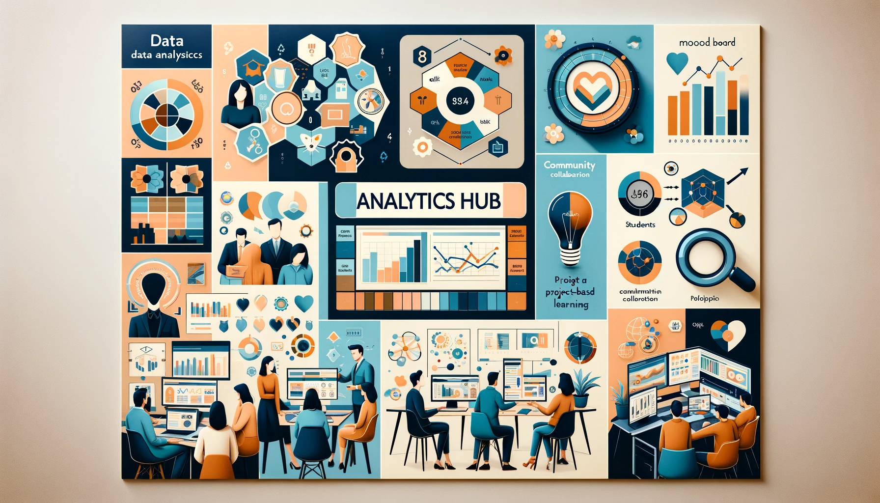 The mood board inspired by Analytics Hub has been created, visually encapsulating the essence of data analytics, interactive learning, and community collaboration. It reflects a professional and tech-savvy atmosphere, ideal for those dedicated to mastering Qlik development through project-based learning.